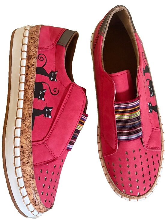 Unbranded Shoes - Women's Red Slip-On Casual Shoes Cute Black Cats Print Size 8.5 / 41 (Outsole 10